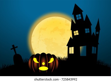 Halloween pumpkins and dark castle on blue Moon background, illustration.