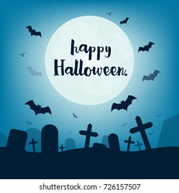 Halloween pumpkins and dark castle on blue Moon background, illustration.
