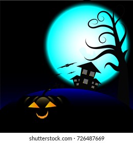 halloween pumpkins and dark castle on full moon background. vector illustration