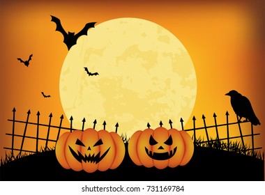 Halloween pumpkins and dark castle on blue Moon background, illustration.