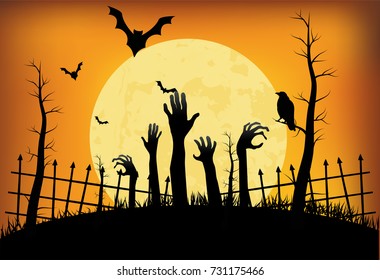 Halloween pumpkins and dark castle on blue Moon background, illustration.