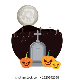 halloween pumpkins with dark faces in the cemetery scene