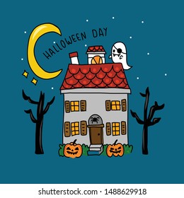 Halloween pumpkins and dark home on blue Moon background, illustration