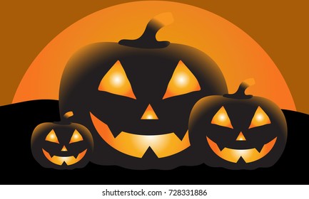 Halloween pumpkins and dark night background, Illustration.