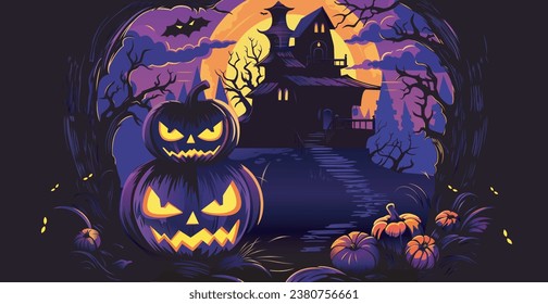 Halloween pumpkins and dark spooky on sunset background, illustration.	
