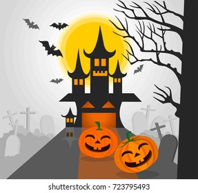 Halloween pumpkins and dark tree, castle on full Moon background,