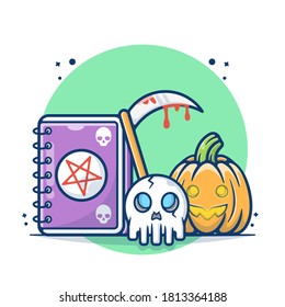 Halloween Pumpkins and Dead Diary with Skull Vector Illustration. Halloween Day Party Concept. Flat Cartoon Style Suitable for Sticker, Wallpaper, Icon, Landing Page, Web.