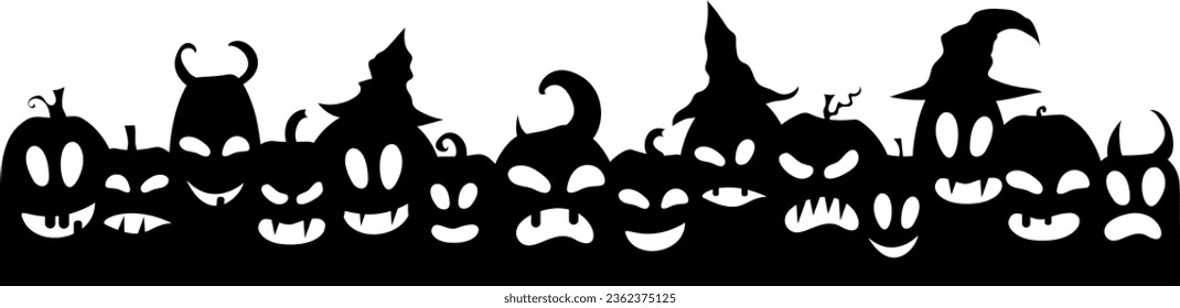 Halloween pumpkins decoration. Vector border. Isolated divider from spooky monsters