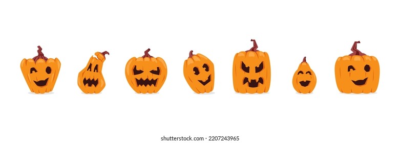 Halloween pumpkins with different emotions illustrations vector set isolated on white.