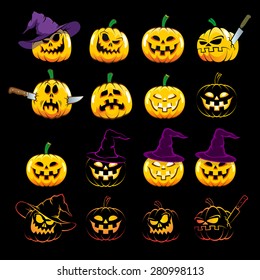 Halloween pumpkins with different emotions. Jack'o'lantern character. Vector illustration.