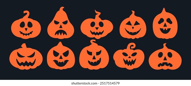 Calabazas de Halloween con diferentes caras Paquete. Variación De Jack O Lantern. Conjunto de Elementos de diseño de miedo para el 31 de octubre. Emociones espeluznantes, aterradoras y divertidas para la Colección de personajes de calabaza.