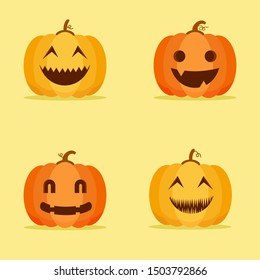 Halloween pumpkins with different faces. Jack-o-lantern. Funny vector flat icons collection. Stickers design.Set flat design illustration of pumpkins with carved face. Usable on Halloween card, vector