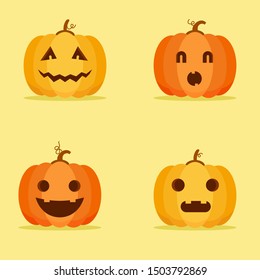 Halloween pumpkins with different faces. Jack-o-lantern. Funny vector flat icons collection. Stickers design.Set flat design illustration of pumpkins with carved face. Usable on Halloween card, vector