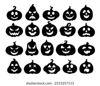 Calabazas de Halloween con diferentes caras. Variación De Jack O Lantern. Colección de Elementos de diseño de miedo para el 31 de octubre. Emociones espeluznantes, aterradoras y divertidas para el Paquete de personajes de calabaza.