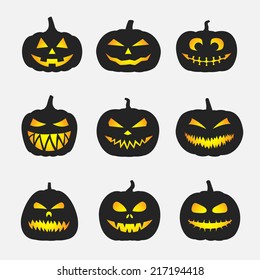 Halloween pumpkins with different faces and shapes set