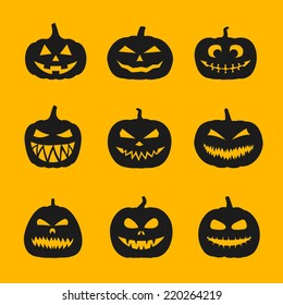 Halloween pumpkins with different faces and shapes set