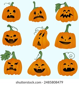 Halloween pumpkins with different scary and funny expressions of their emotions. High quality photo