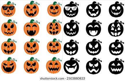 halloween pumpkins different Set vector,Jack olantern Pumpkin squash pumpkin with a face drawn expressive faces.