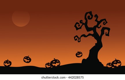 Halloween pumpkins and dry tree vector illustration