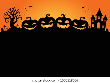 Halloween pumpkins emotions face and graveyard castle background with copy space, Holiday party invitation, Decoration background and greeting card or poster, Silhouette design, Vector illustration