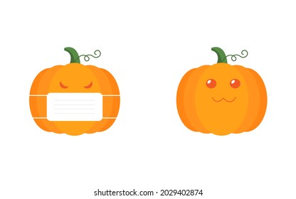 Halloween pumpkins. Evil pumpkin in medical mask against viruses and kind healthy with a smile