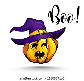 Halloween pumpkins with evil scary smile and purple witch's hat. Pumpkin sketch hand drawn illustration. Halloween night.