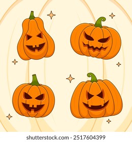 Halloween pumpkins with faces, 2D, cartoon style, Jack o lantern, autumn horror holiday. Vector Illustration.