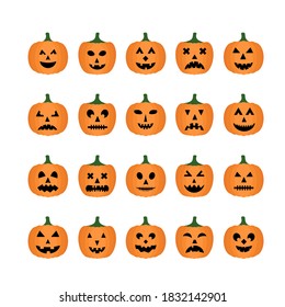 Halloween Pumpkins Faces icon set. Cute cartoon Jack-o'-Lantern s isolated on white. Halloween party decorations. Easy to edit vector template.