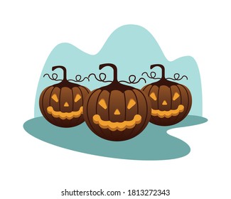 calabazas de halloween con iconos de caras diseño de ilustración vectorial