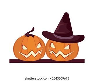halloween pumpkins faces lanterns with witch hat vector illustration design