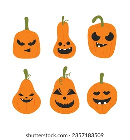 Halloween pumpkins faces. The main symbol of the Happy Halloween holiday. Orange pumpkin with smile for your design for the holiday Halloween.