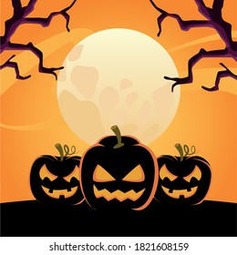 halloween pumpkins with faces at night scene vector illustration design