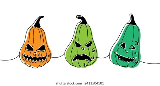 Caras de calabazas de Halloween. Las caras espeluznantes de las calabazas establecen un dibujo continuo de una línea de color. Las verduras de halloween del otoño son una ilustración continua de una línea.