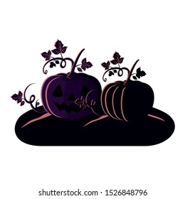 halloween pumpkins with faces scene vector illustration design