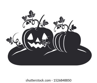 halloween pumpkins with faces scene vector illustration design