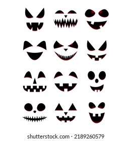 Halloween pumpkins faces set. Black silhouette pumpkin face isolated on white background. Template with variety of eyes, mouths and noses for cut out jack o'lantern. Vector illustration