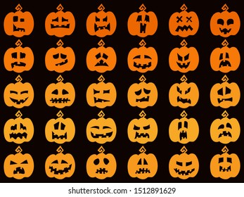 Halloween Pumpkins Faces Set. Paper Cut Out Vector Elements for Holiday Design. Scary Smileys. 