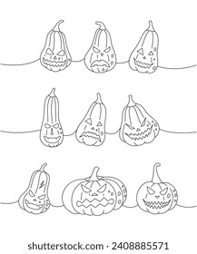 Halloween pumpkins faces. Set of pumpkins scary faces one line continuous drawing. Autumn halloween vegetables continuous one line illustration.