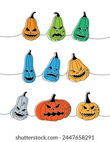 Caras de calabazas de Halloween. Conjunto de calabazas caras de miedo una línea de dibujo continuo de color. Ilustración continua de una línea de verduras de Halloween.