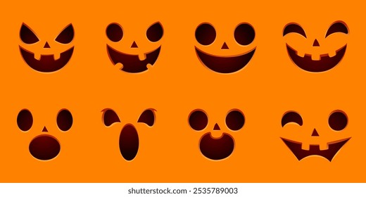 Caras de calabazas de Halloween. Siluetas de calabazas. Caras aterradoras y divertidas de la calabaza de Halloween. Colección Calabazas de Halloween talladas caras siluetas. Cara de linterna Jack. Símbolo de la cara de calabaza. Caras talladas