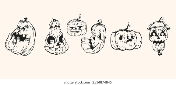 Halloween pumpkins with faces vector element set. October holiday symbol. Trendy vector illustration.
