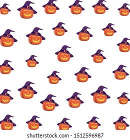 halloween pumpkins with faces and witch hats pattern vector illustration design