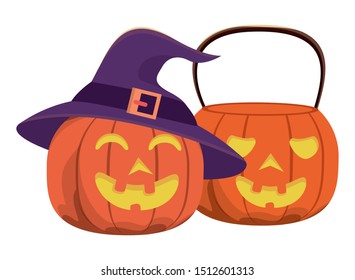 halloween pumpkins with faces and witch hats vector illustration design