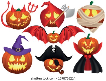 Halloween, pumpkins in fancy dress, isolated on white background.