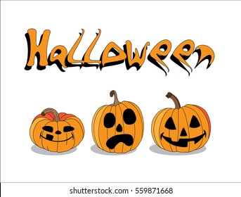 Halloween pumpkins flat isolated set different emotion variation vector illustratio. three orange pumpkings isolated on white background vector illustration.