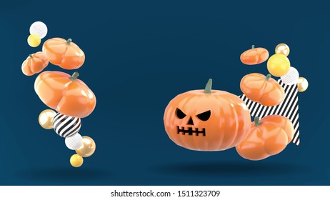 Halloween pumpkins floating on the blue background.

