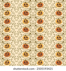 Halloween Pumpkins floral seamless pattern. All Hallows' Eve continuous background. Jack o lantern and tendrils repeat surface cover. Vector hand drawn flat illustration.