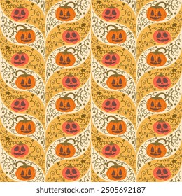 Halloween Pumpkins floral seamless pattern. All Hallows' Eve continuous background. Vector hand drawn flat illustration.