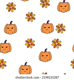 Halloween pumpkins  and flowers seamless pattern. Creepy and spooky background. Retro doodle halloween background. 