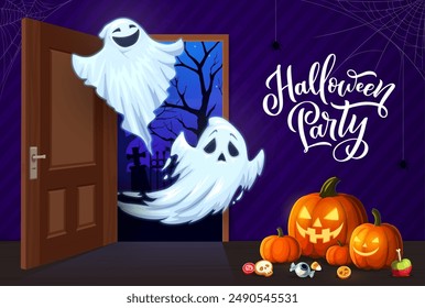 Halloween pumpkins and flying ghost characters in opened door, cartoon vector. Happy Halloween holiday and trick or treat party greeting with cute boo ghosts in scary pumpkin lantern and monster candy